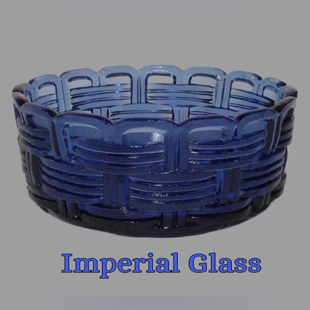 Vintage IMPERIAL GLASS COMPANY Cobalt Blue Glass Round Woven Basket, 2 Available